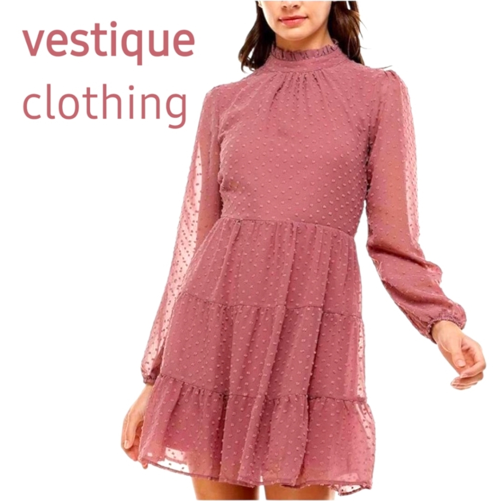 VESTIQUE
Mauve Clip Dot High Neck Long Sleeves Tiered Skirt Dress Back Zip Sz SM